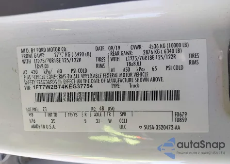 2019 Ford F-250 Xlt z USA, uszkodzony, nr VIN 1FT7W2BT4KEG37754